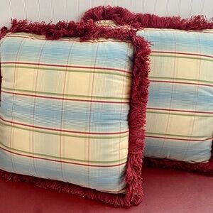 Throw Pillows in Blue, Yellow, Red. Fringe. Vintage Home Decor. Custom 18 x 18